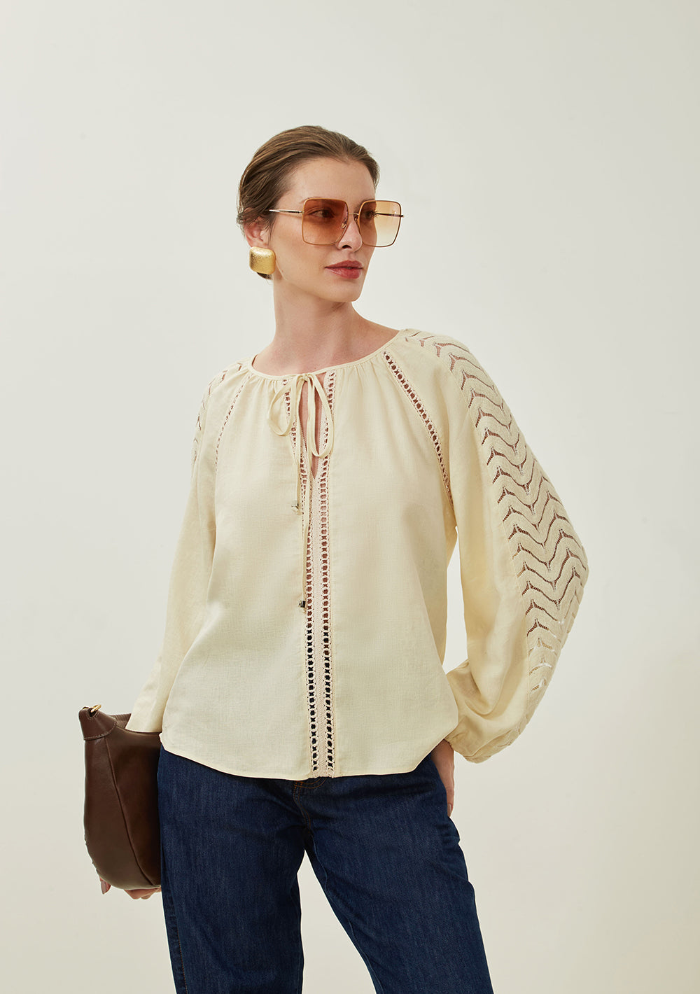 Blusa Suelta Escote en V Mangas Largas