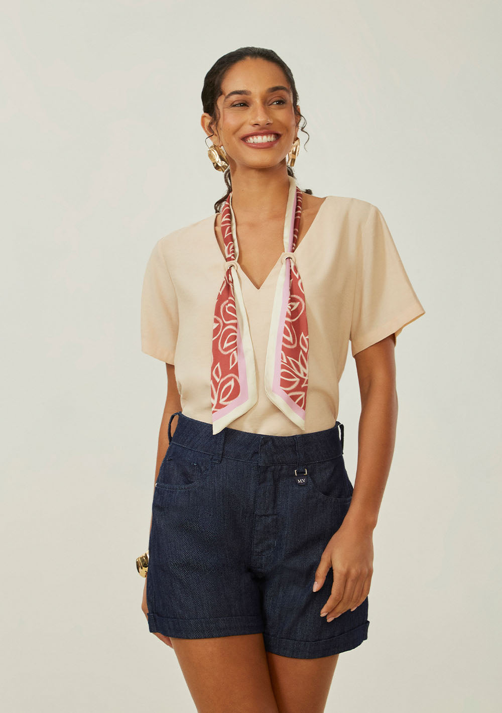 Blusa Suelta Escote en V Mangas Cortas