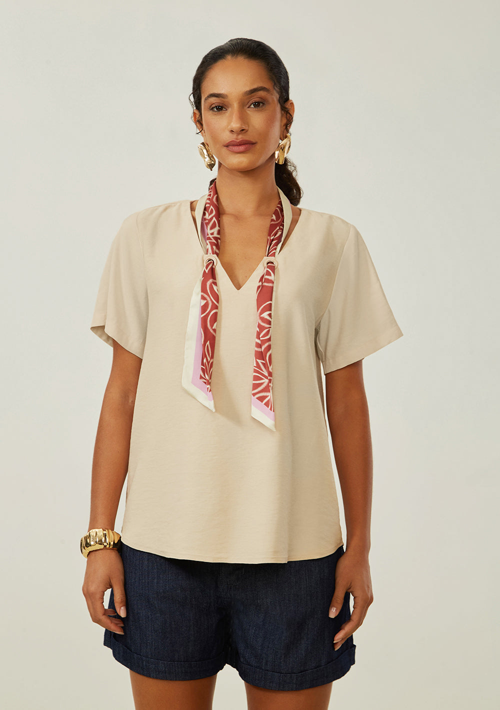 Blusa Suelta Escote en V Mangas Cortas