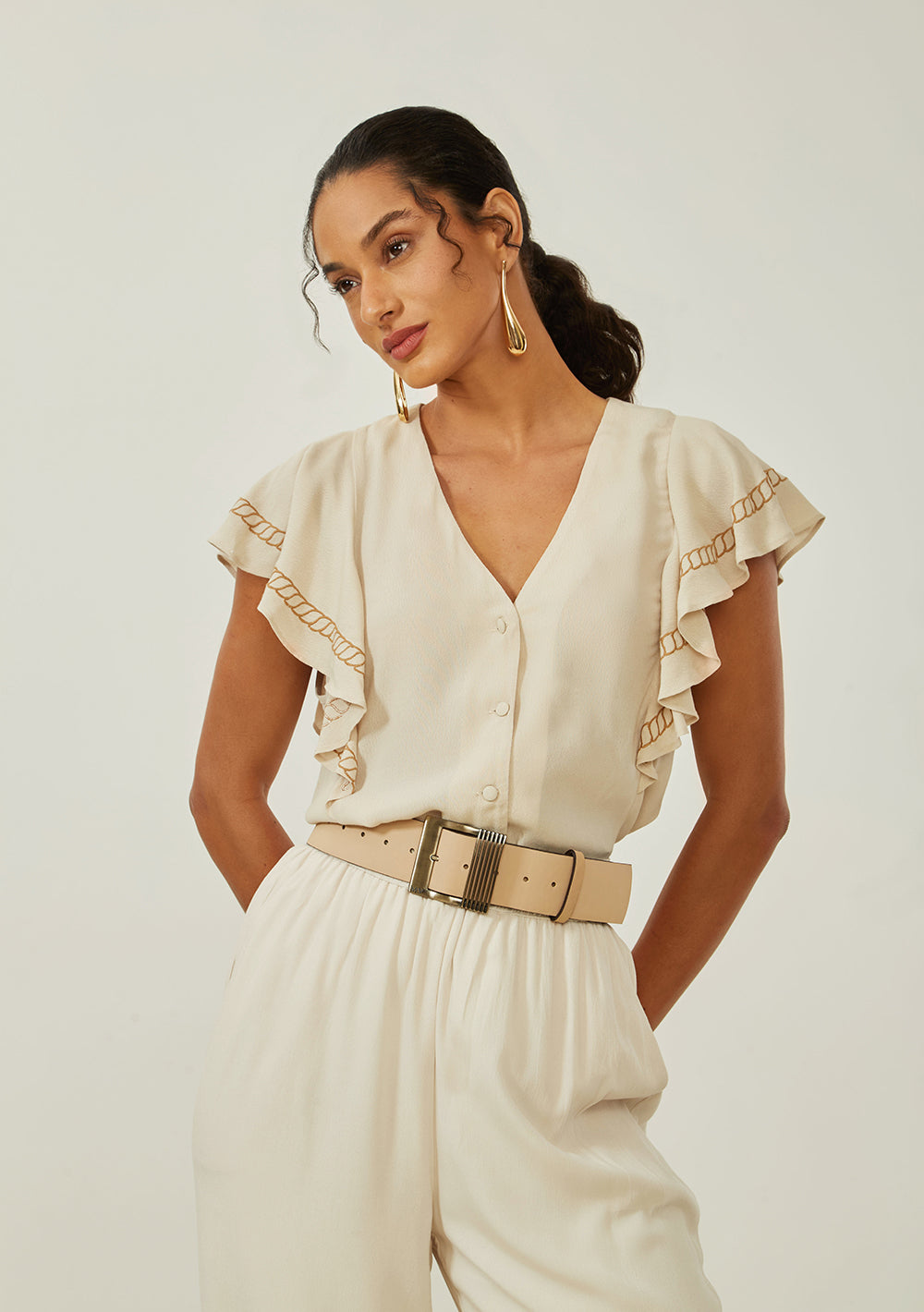 Blusa Suelta Escote en V Mangas Cortas