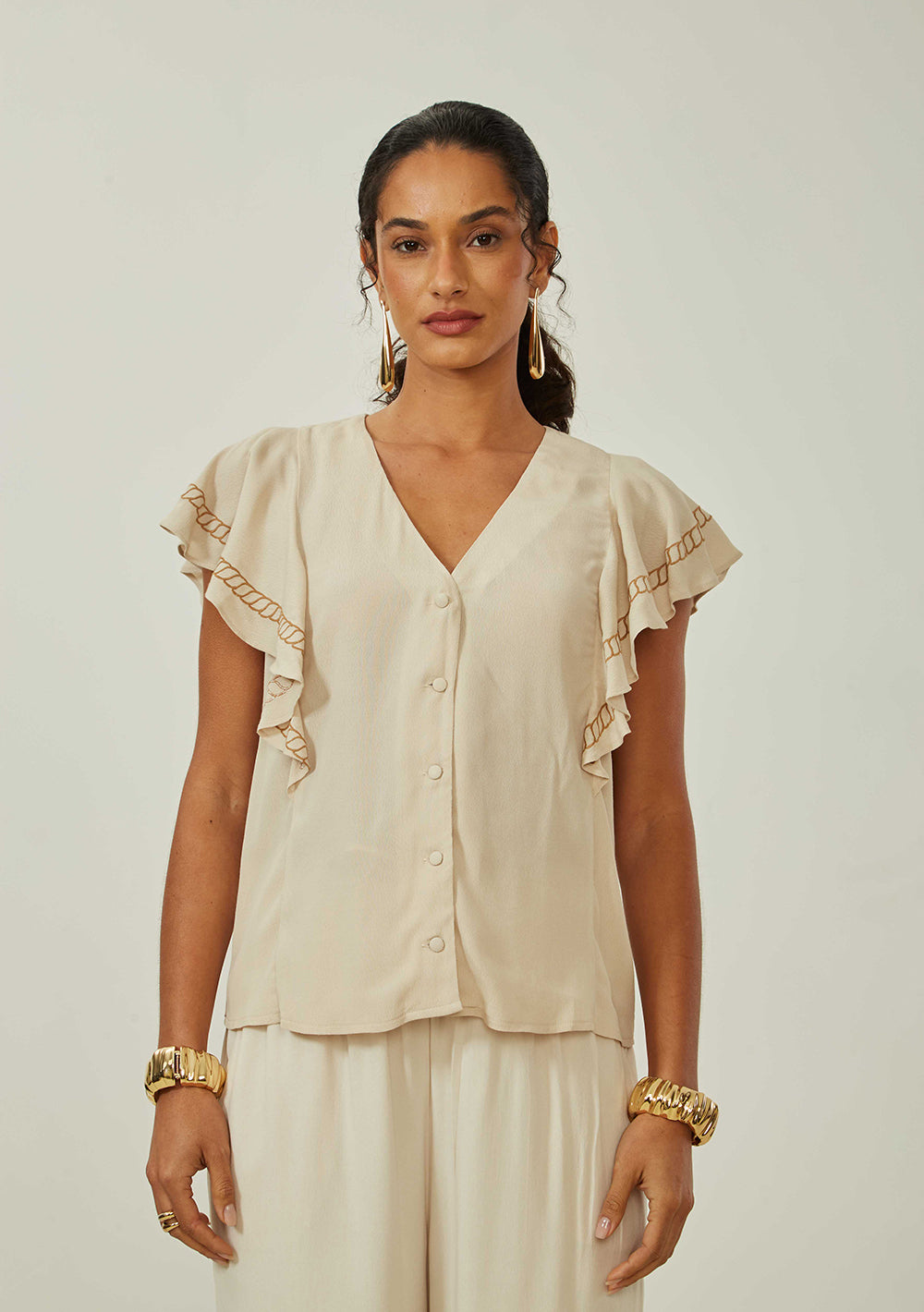 Blusa Suelta Escote en V Mangas Cortas