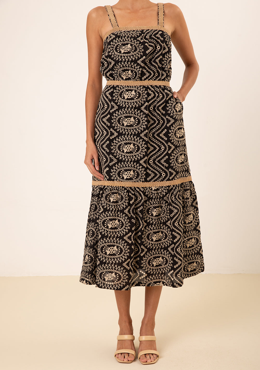 Vestido Ajustado Escote Recto Con Tirantes Midi