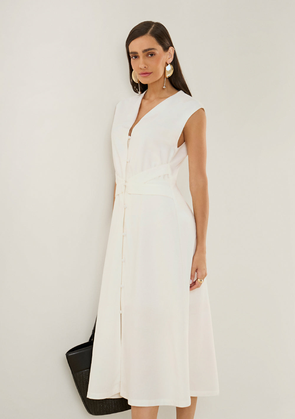 Vestido Ajustado Escote En V Sin Mangas Midi