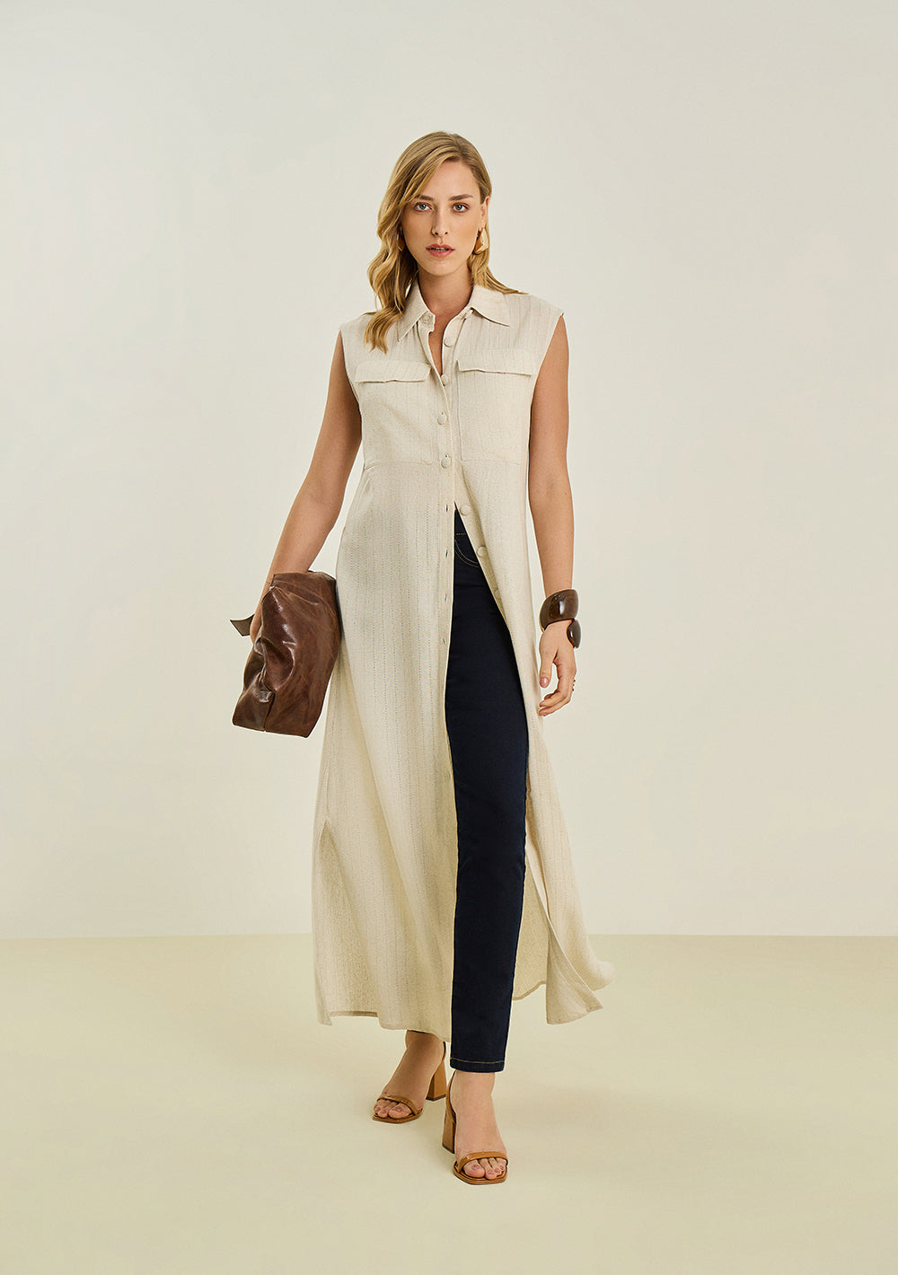 Vestido Largo Suelto Cuello Clásico Sin Mangas