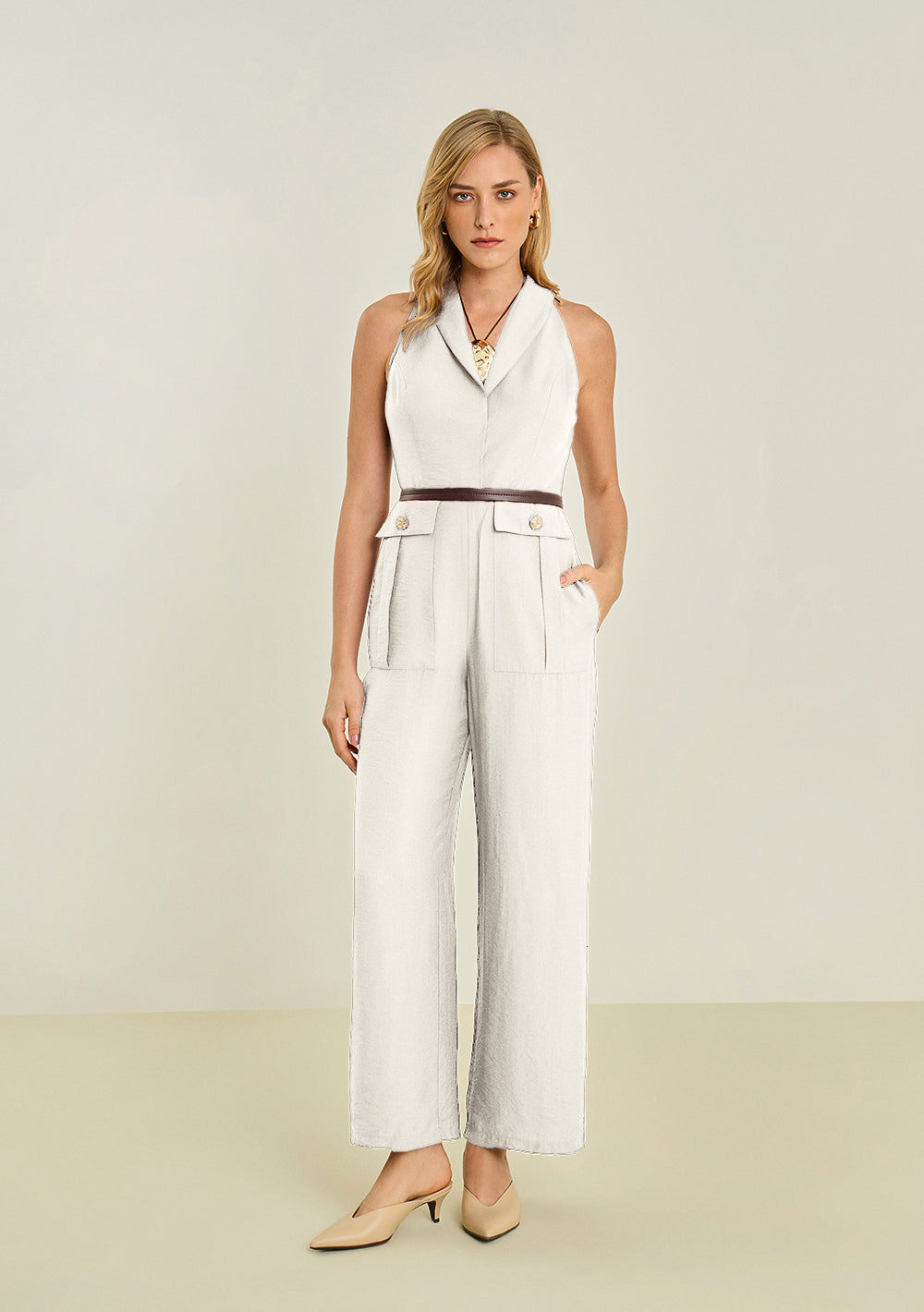 Enterizo Largo Ajustado Escote En V Sin Mangas