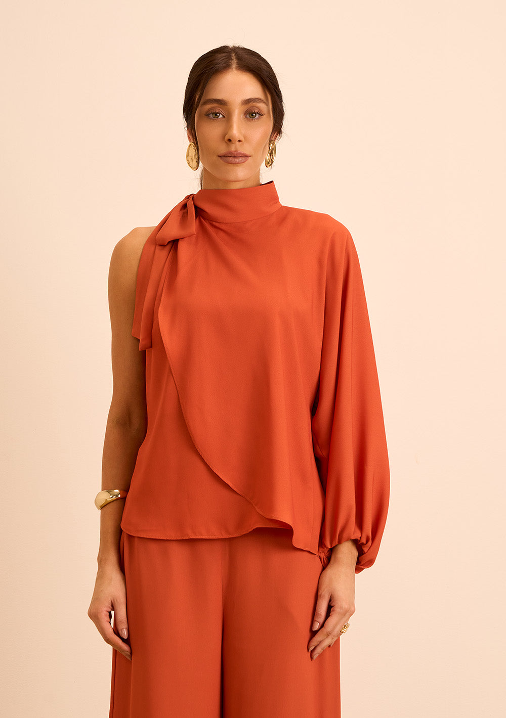 Blusa Suelta Cuello Alto Mangas Largas