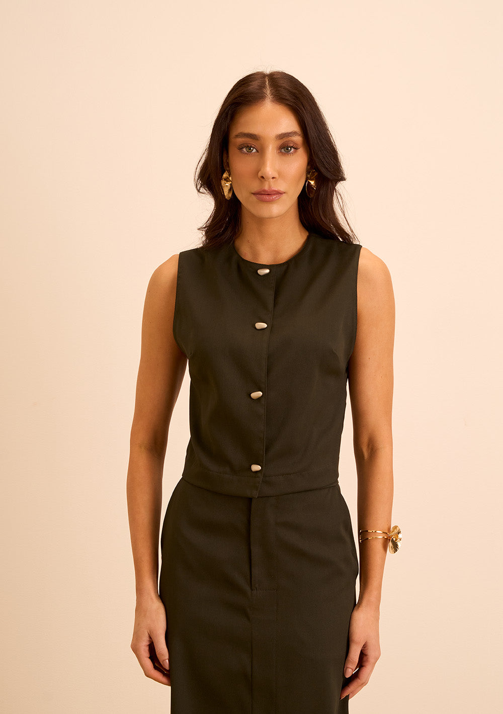 Blusa Cropped Ajustada Cuello Redondo sin Mangas