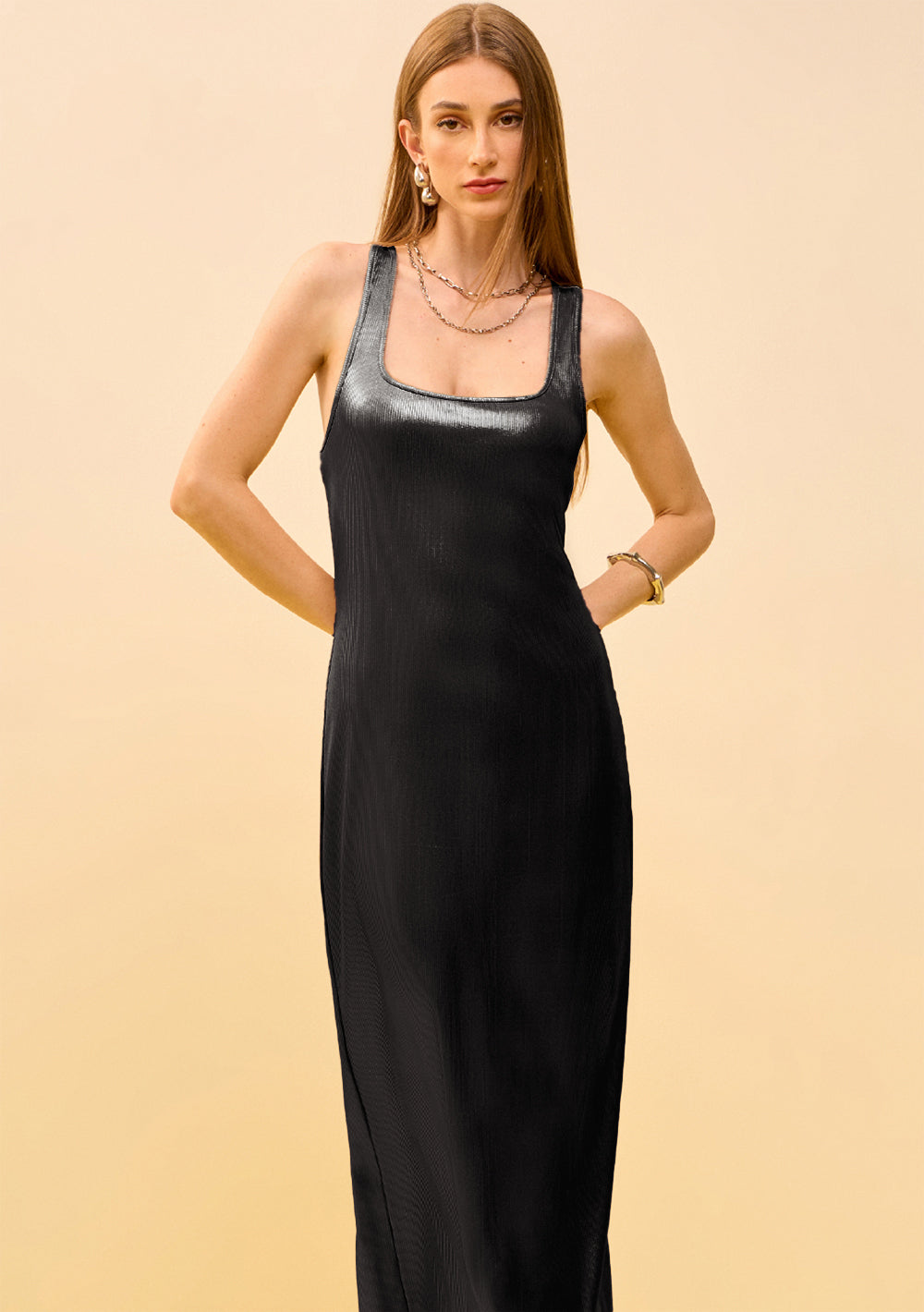 Vestido Ajustado Escote Recto Sin Mangas Midi