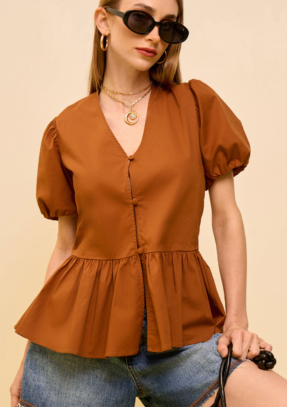 Blusa Ajustada Escote En V Mangas Cortas