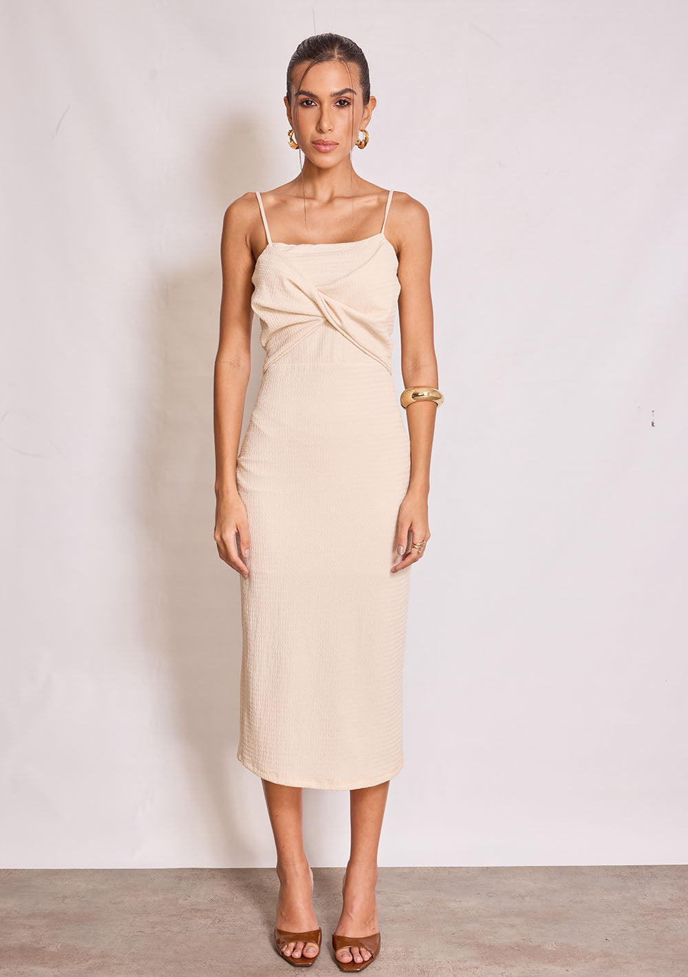 Vestido Midi Ajustado de Tirantes Escote Recto