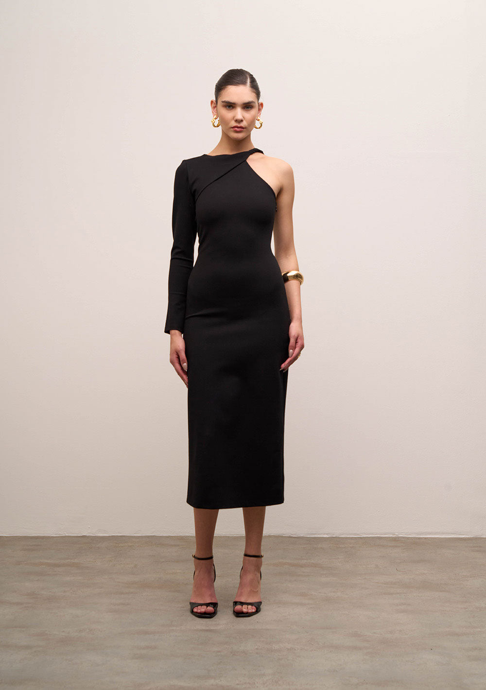 Vestido Midi Ajustado de Un Hombro Manga Larga