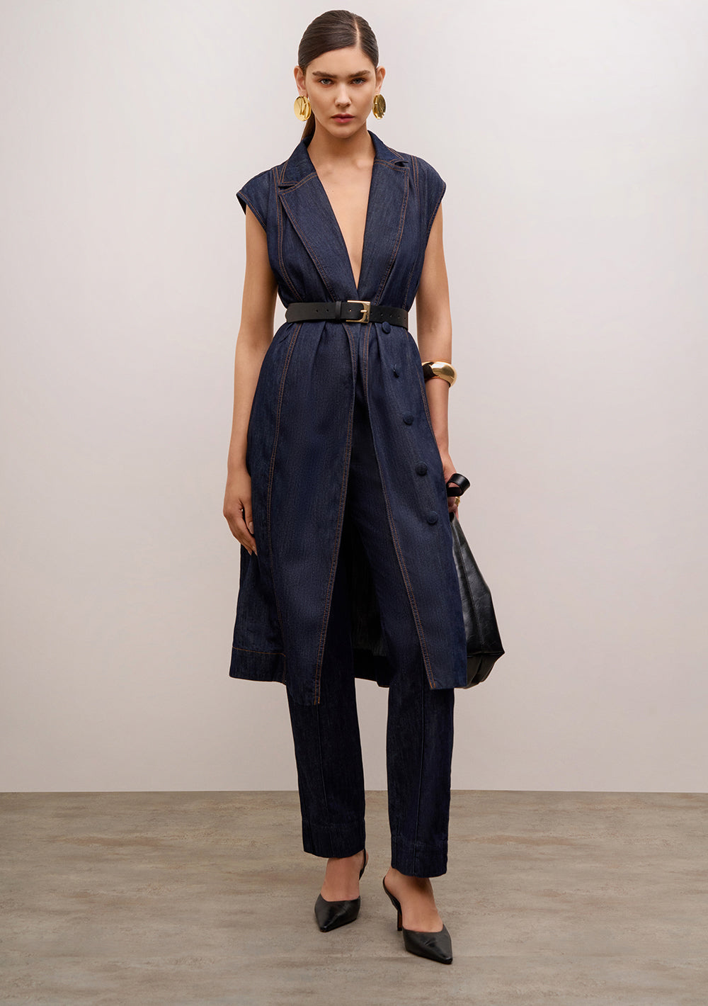 Vestido Midi Suelto Cuello Clásico sin Mangas