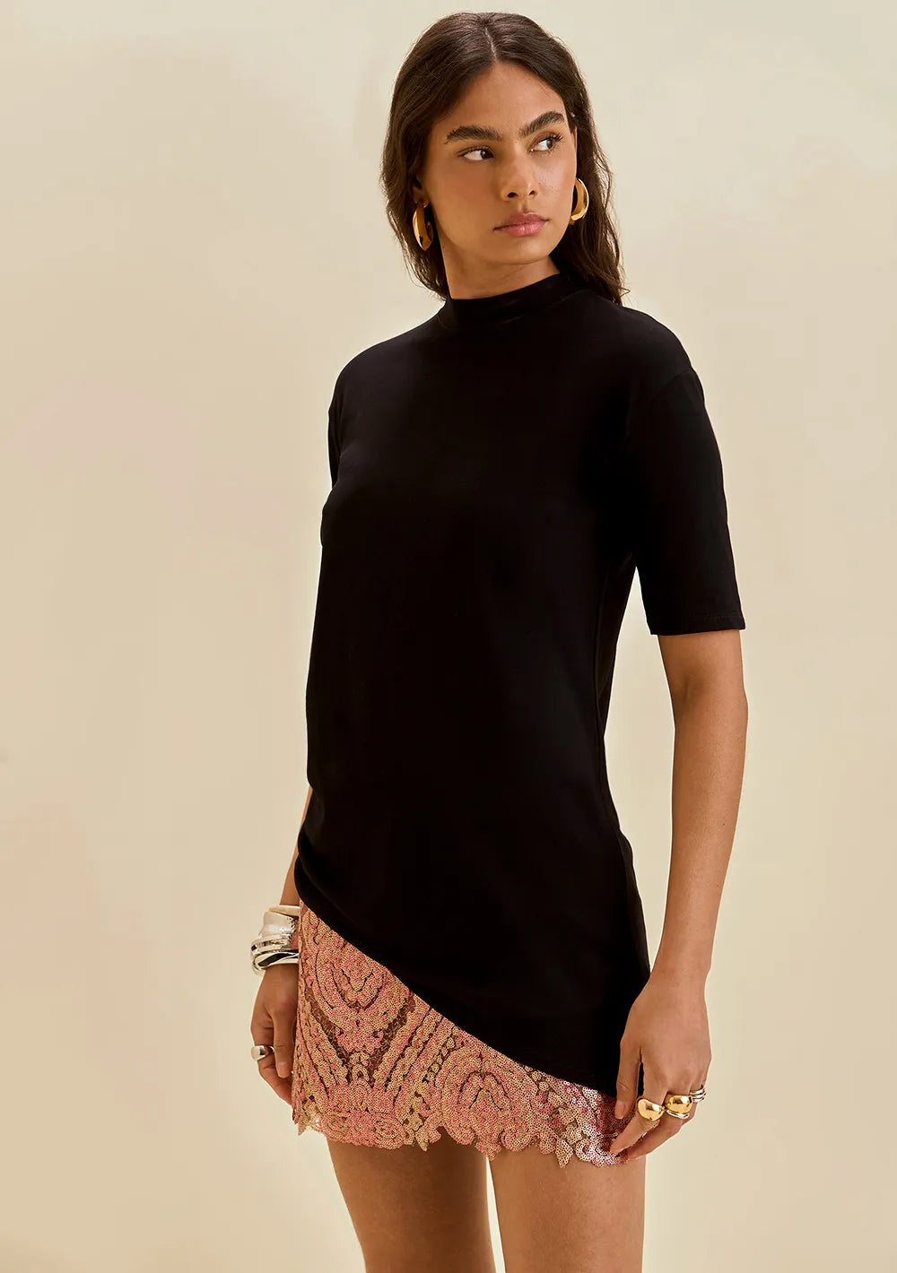 Blusa Suelta Escote Redondo Mangas Cortas Larga