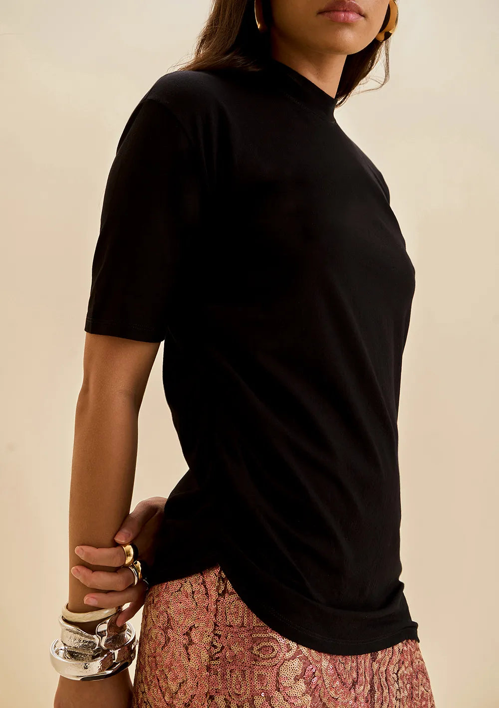Blusa Suelta Escote Redondo Mangas Cortas Larga