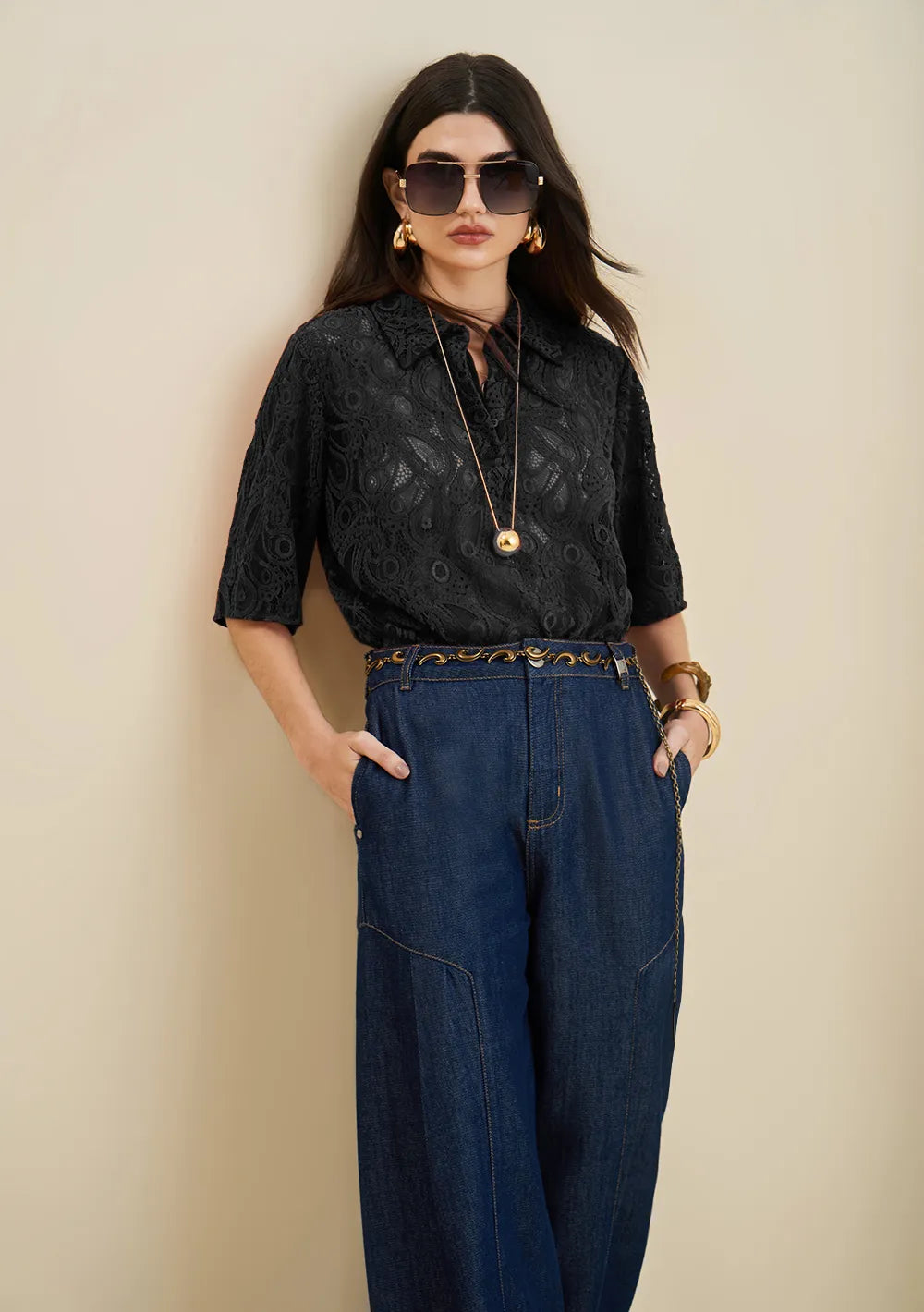 Blusa Suelta Cuello Clásico Mangas Cortas