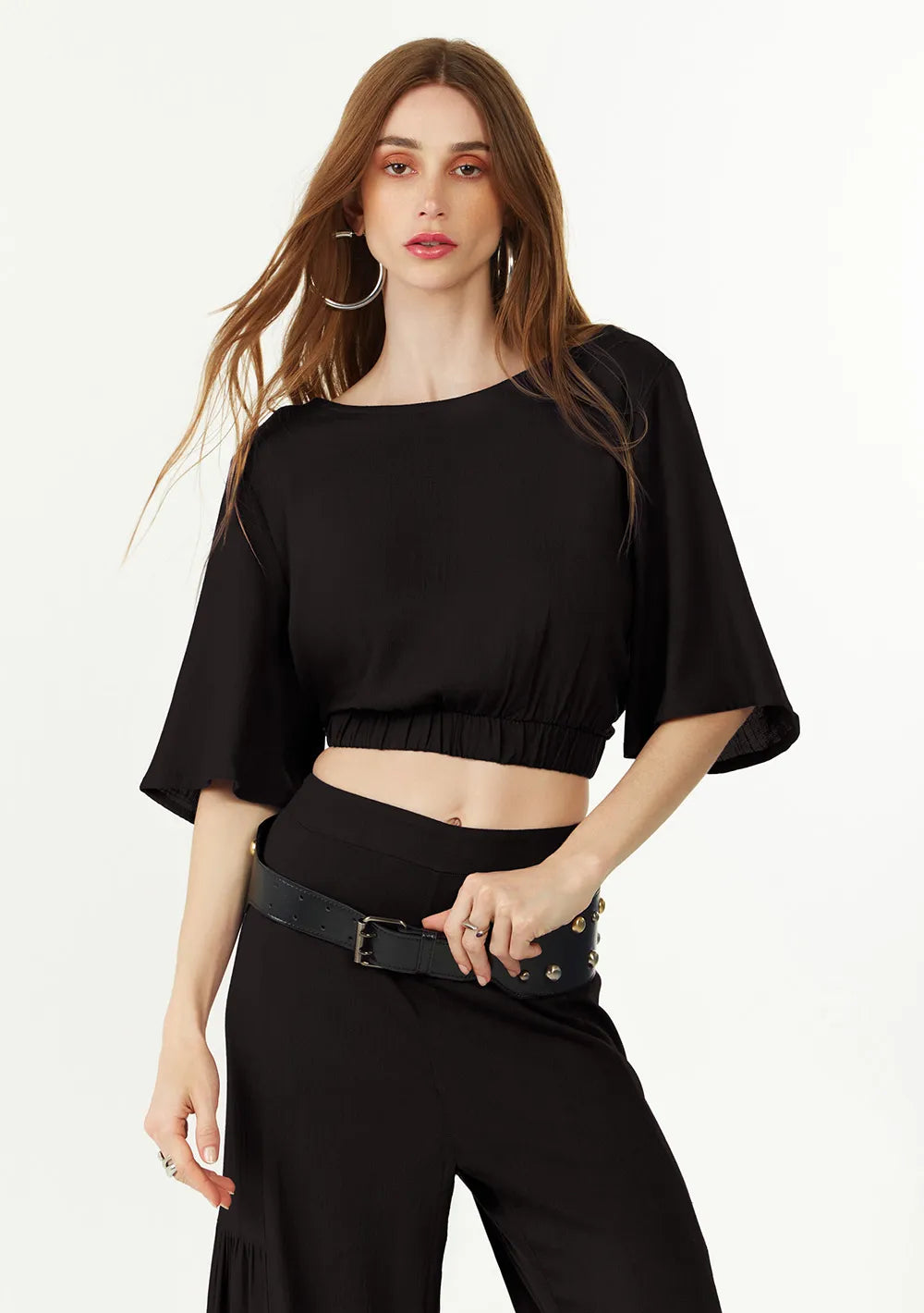 Blusa Suelta Escote Redondo Mangas Cortas Cropped