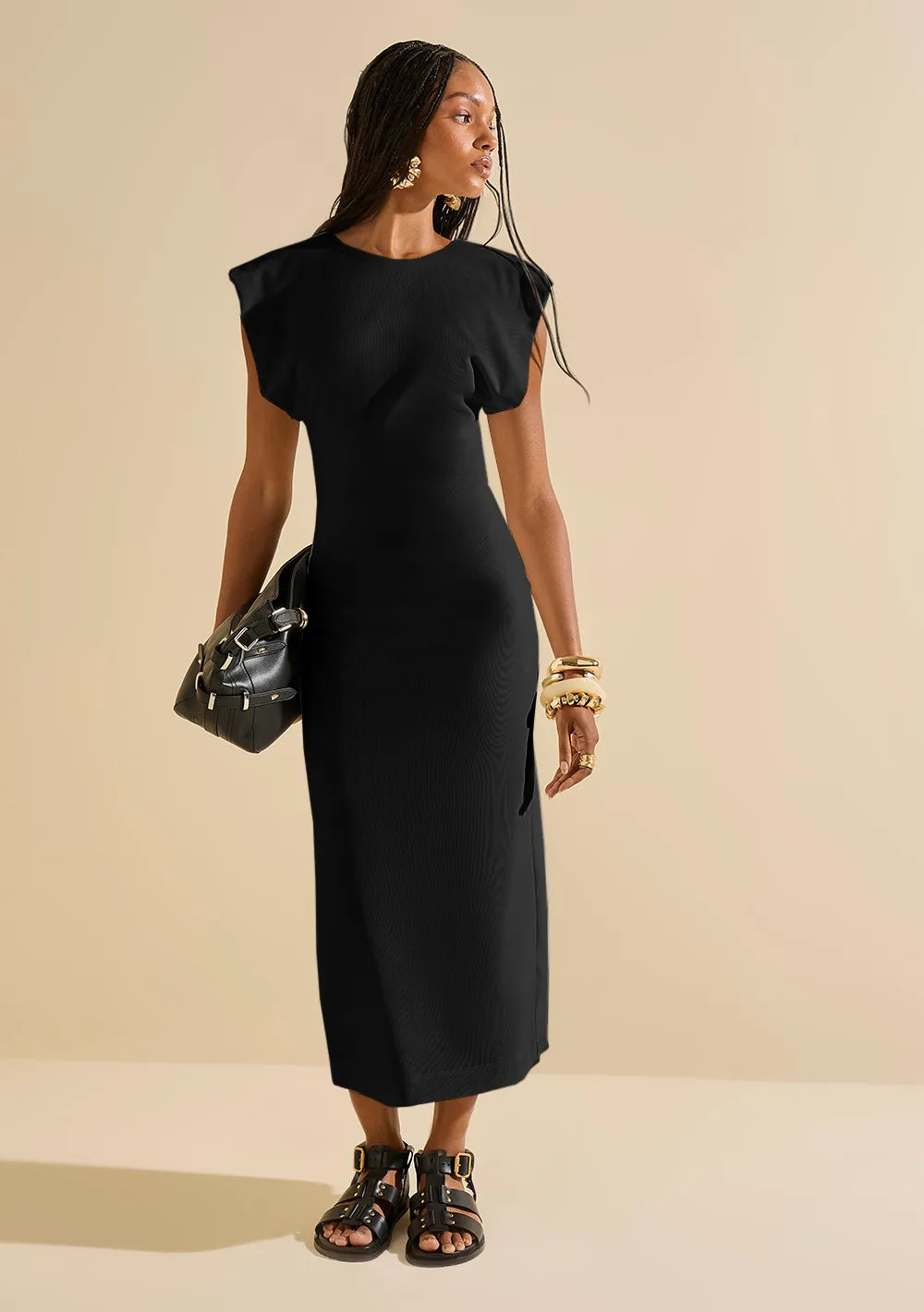 Vestido Ajustado Escote Redondo Mangas Cortas Midi