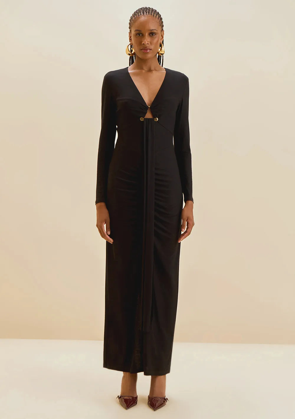 Vestido Ajustado Escote en V Mangas Largas Largo