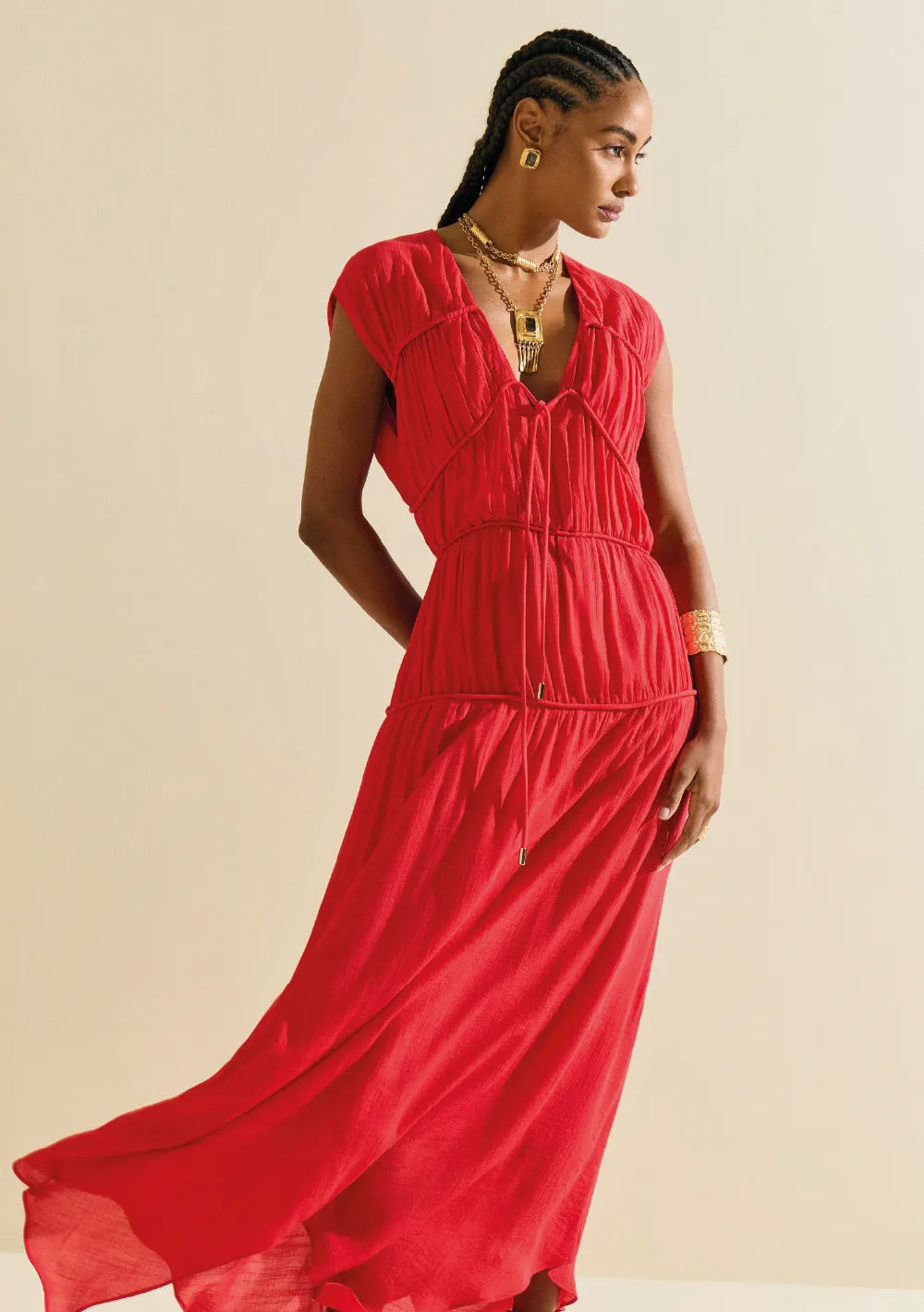 Vestido Suelto Escote En V Sin Mangas Midi