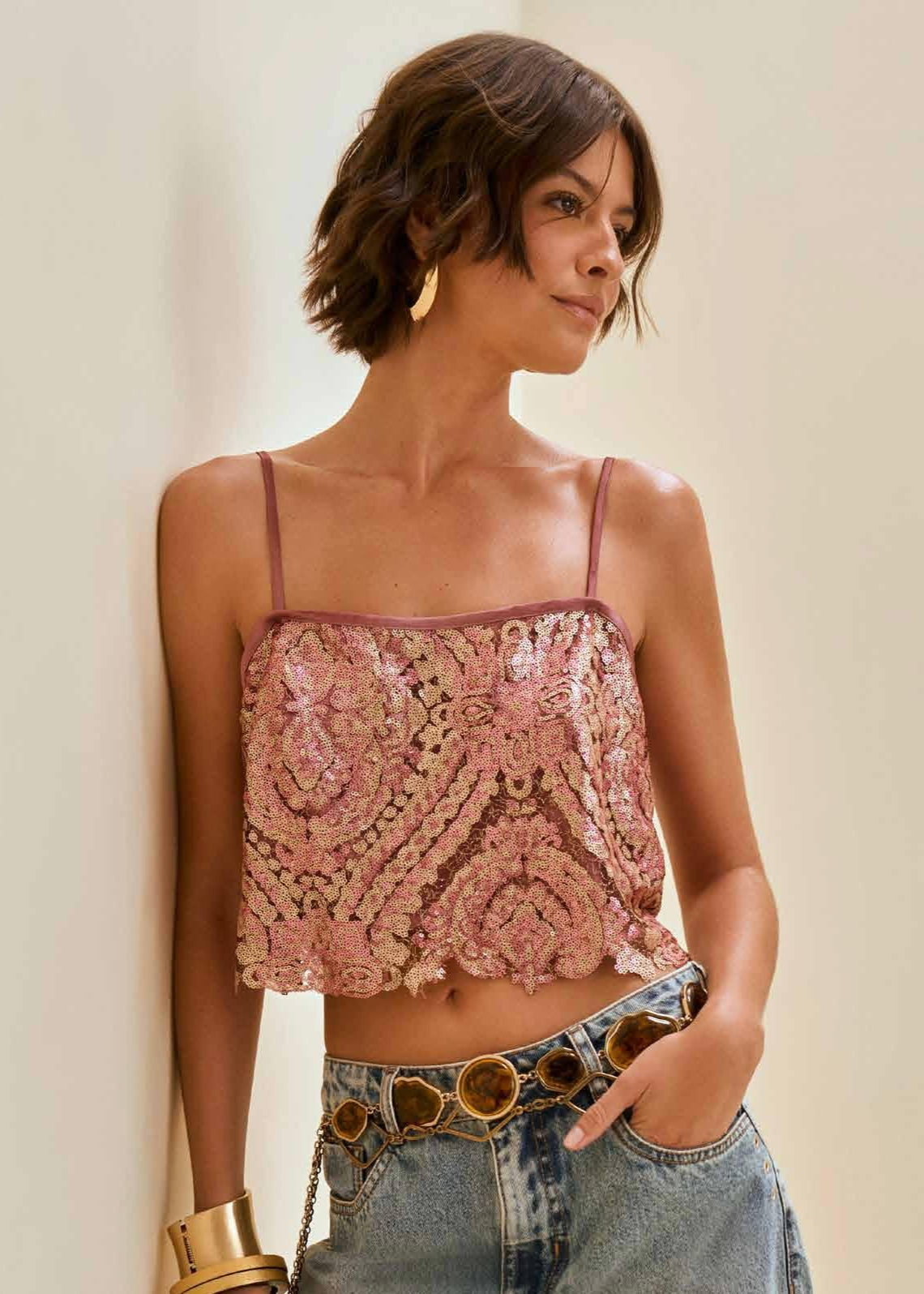 Conjunto Top Con Tirante Pollera Corta Cintura Tiro Medio