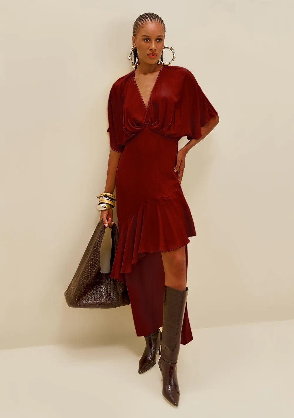 Vestido Suelto Escote en V Mangas Cortas Largo
