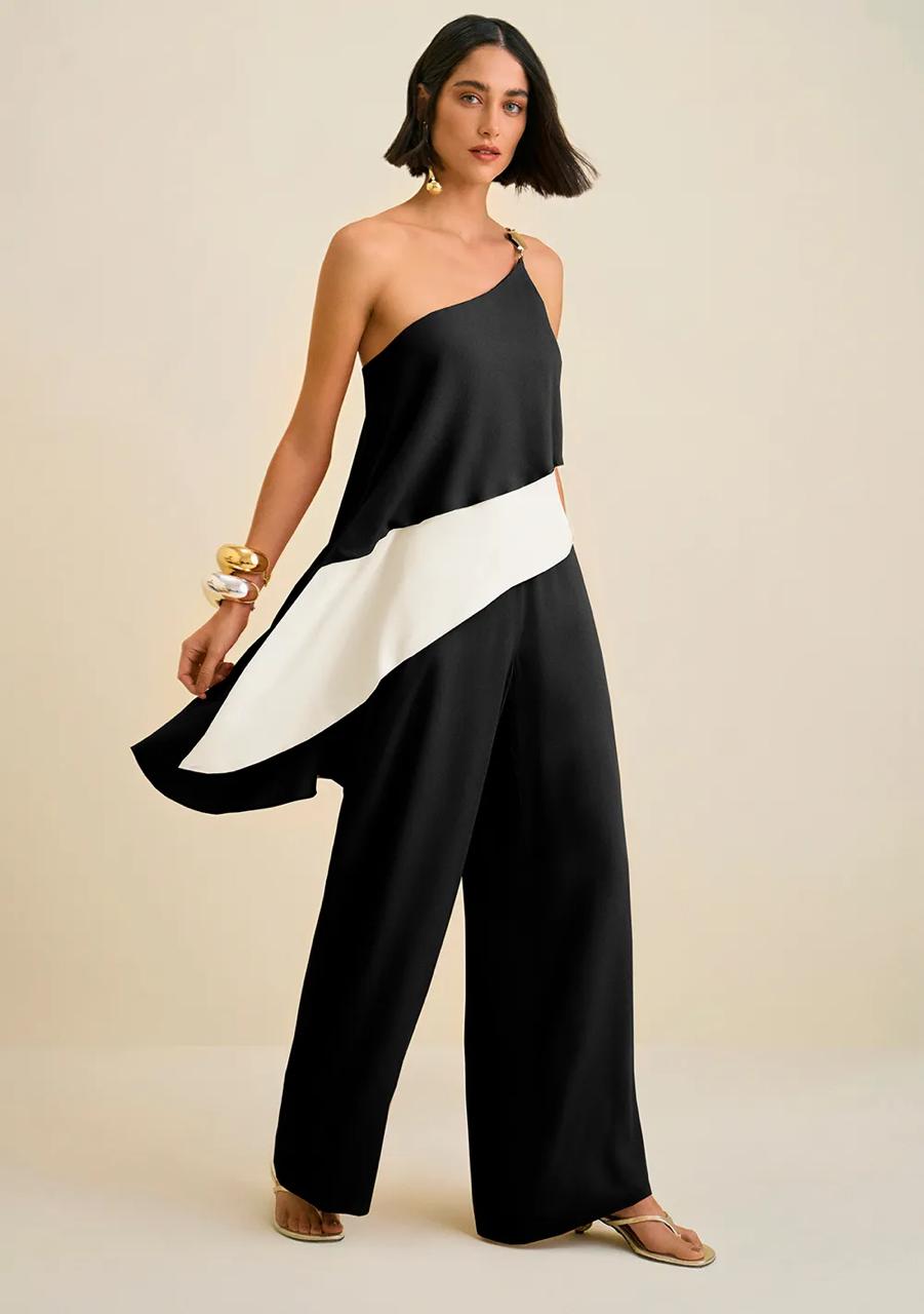 Blusa Bicolor Escote Asimétrico Con Tirante