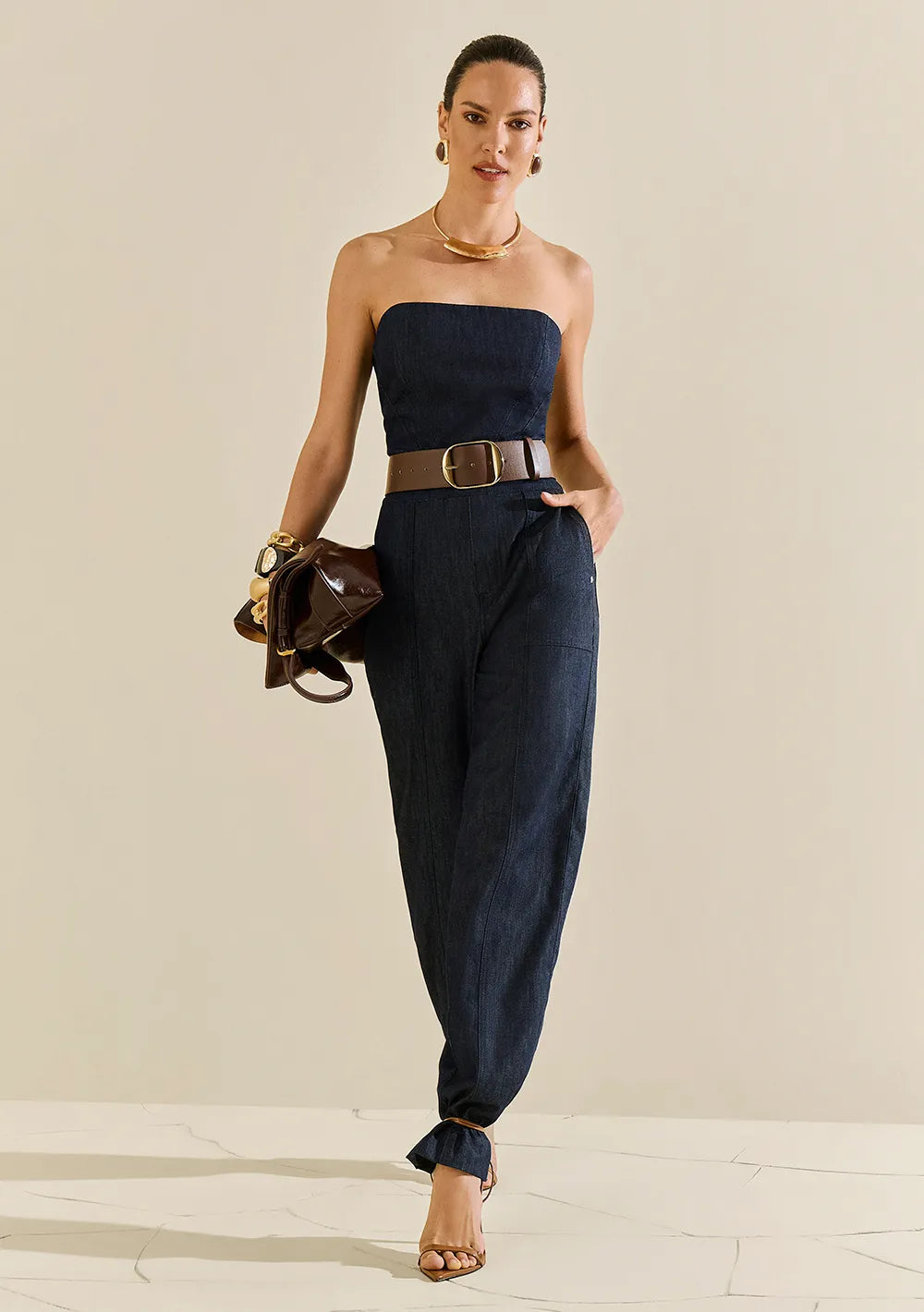 Enterizo Jeans Largo Ajustado Escote Recto Sin Mangas